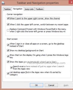 windows 8.1 right click on taskbar - navigation properties