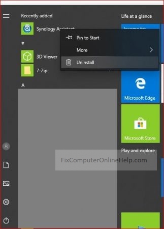 start menu - right click on app