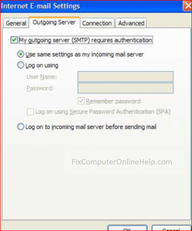 outlook outgoing server authentication