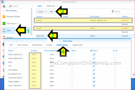 synology control panel user application permission page